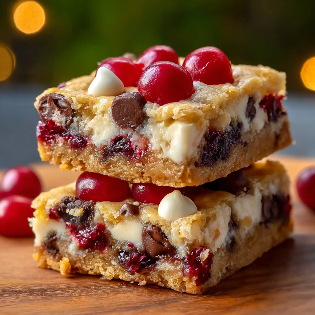 Tray of festive Christmas bars with chocolate topping and marshmallows