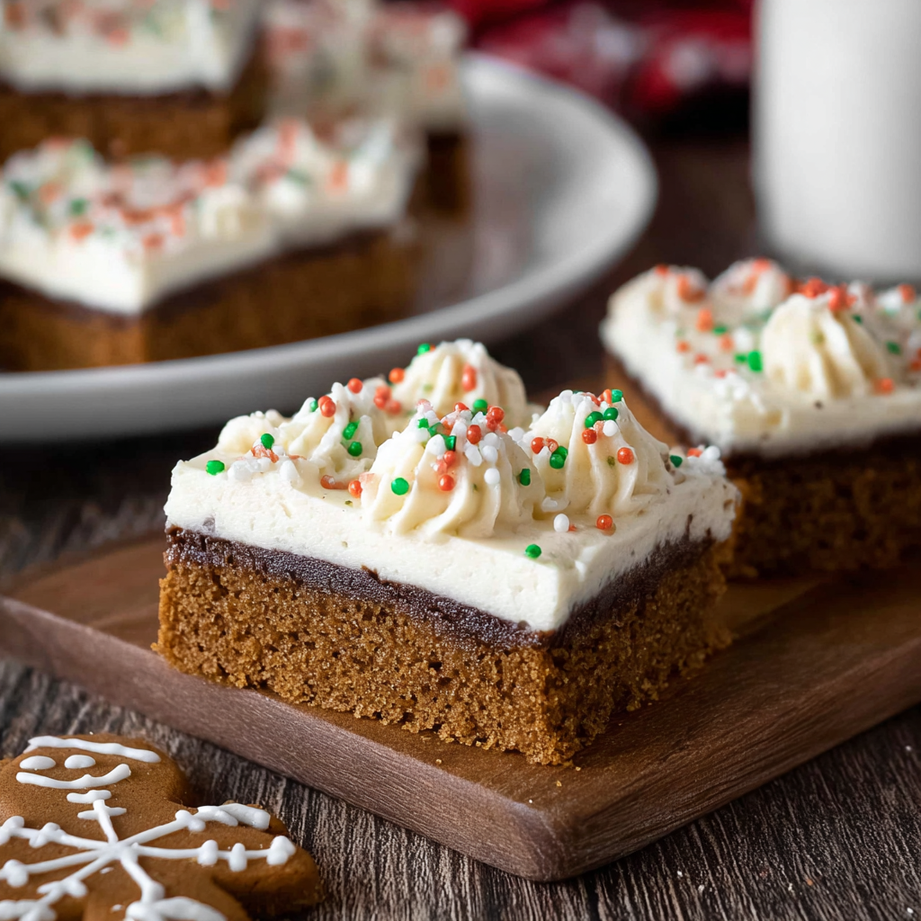 Gingerbread bars with frosting on a tray