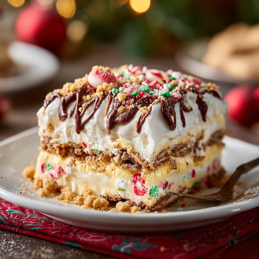 Festive cookie lasagna layered in a glass pan with sprinkles