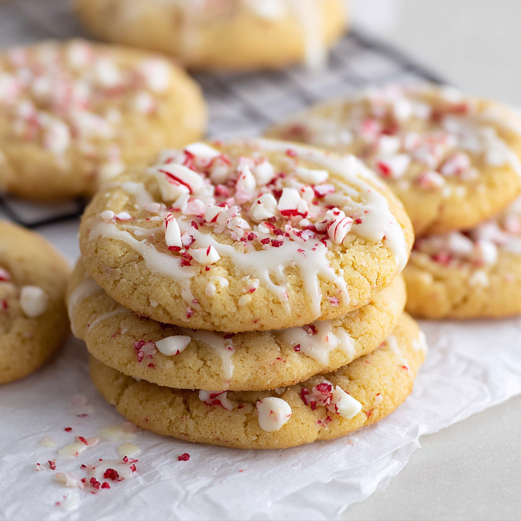 Baked peppermint white chocolate cookies on parchment