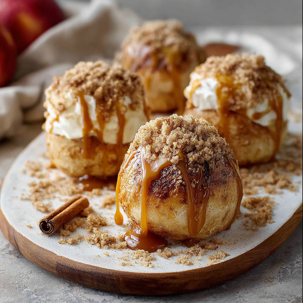 Baked caramel apple pie bombs on a parchment lined tray