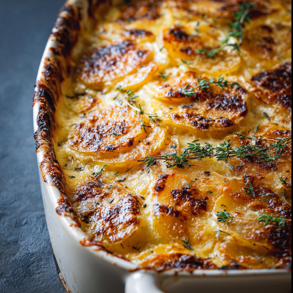 Rich Potato Gratin in baking dish, bubbling and golden