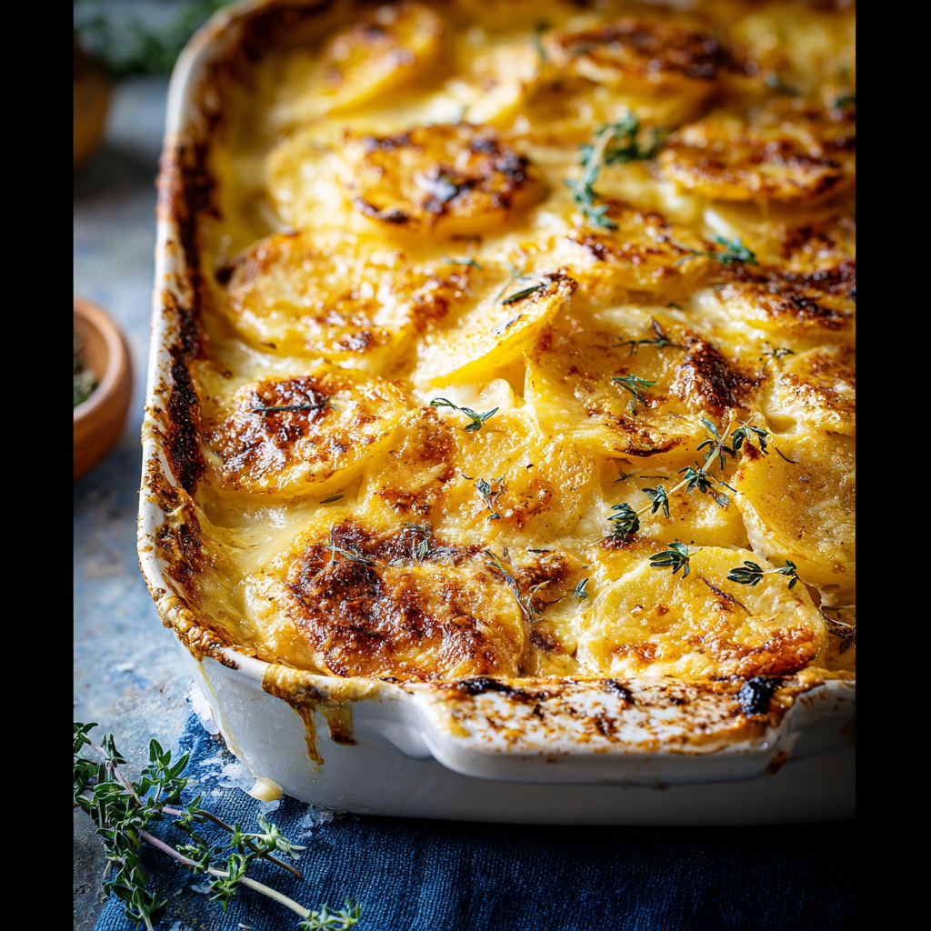 Slices of creamy potato gratin plated with thyme garnish
