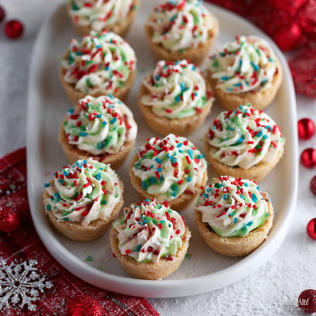 Finished Christmas Sprinkle Cookie Cups on a platter