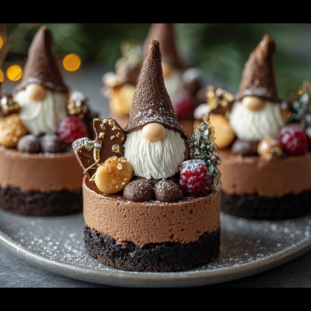 Tray of decorated chocolate gnome cheesecakes