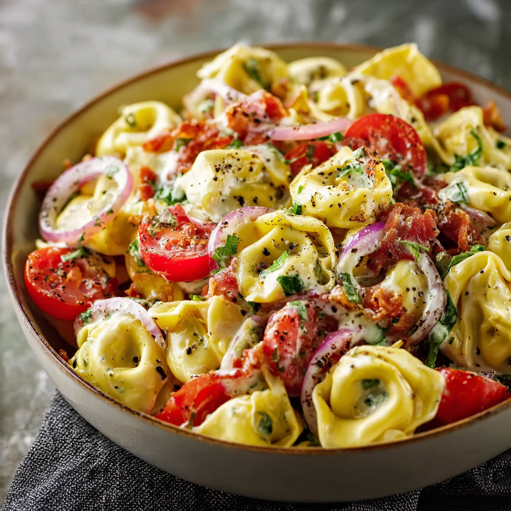 Bowl of tortellini salad garnished with pepperoncini