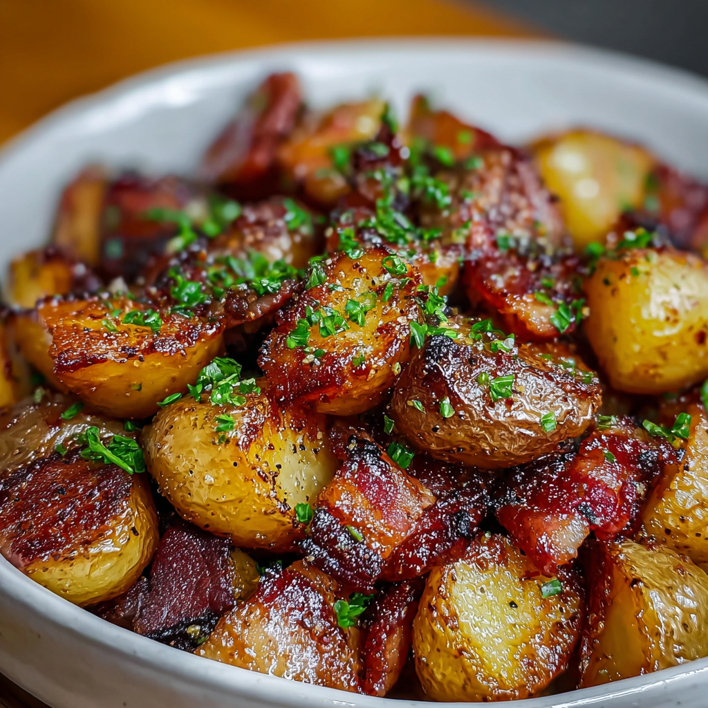 Crispy bacon honey roasted potatoes on a baking sheet