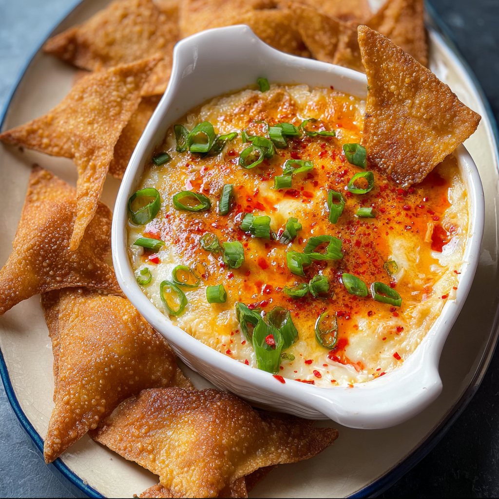 Baked Crab Rangoon dip bubbling with melted cheese