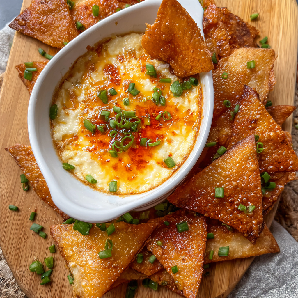 Homemade wonton chips beside a bowl of dip
