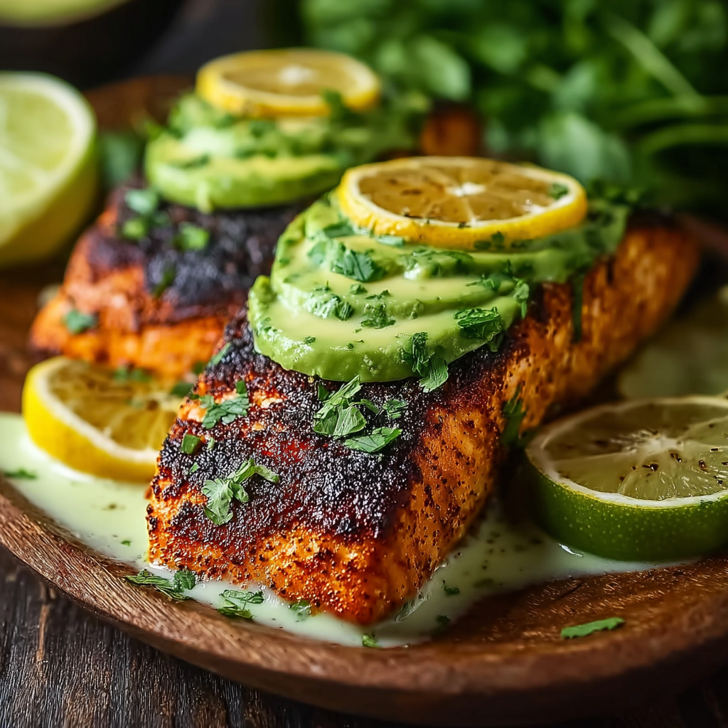 Cajun salmon with avocado lime crema on a plate