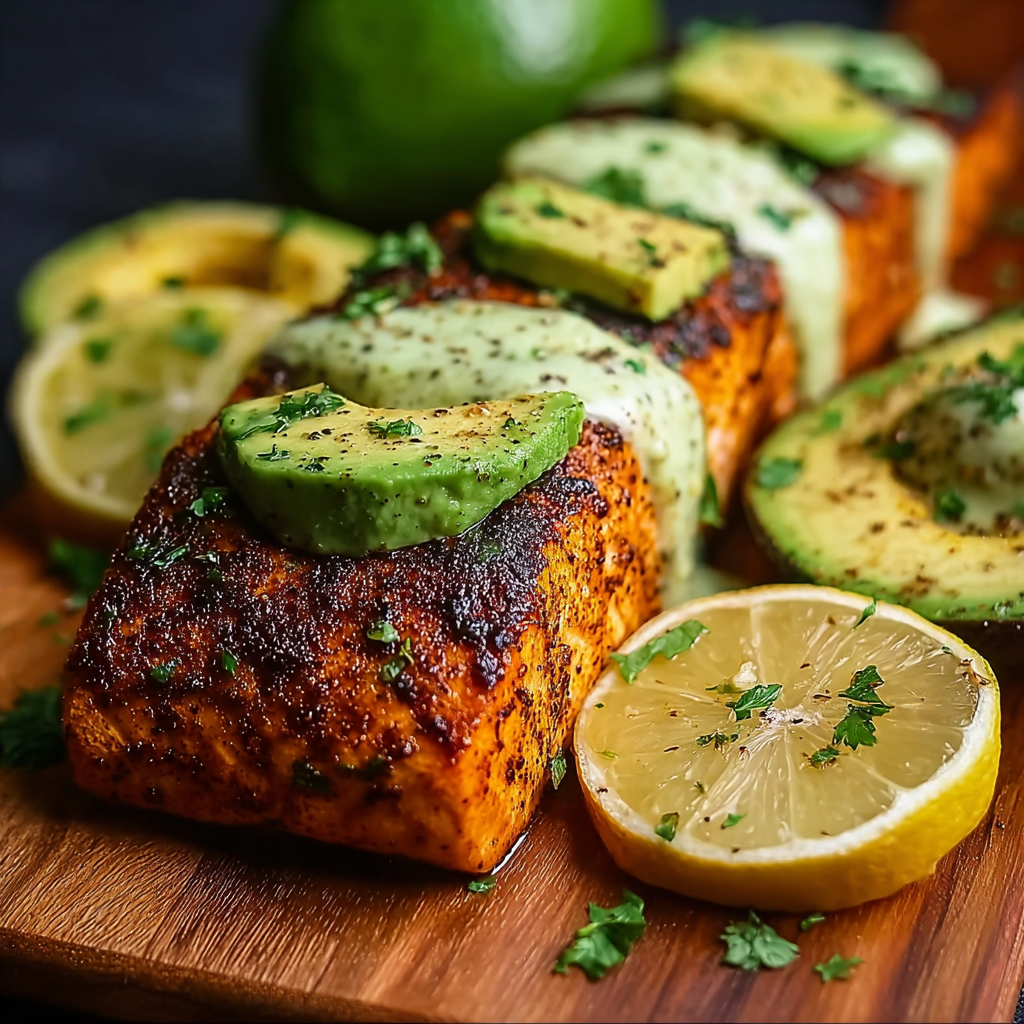Taco-style serving of Cajun salmon with crema