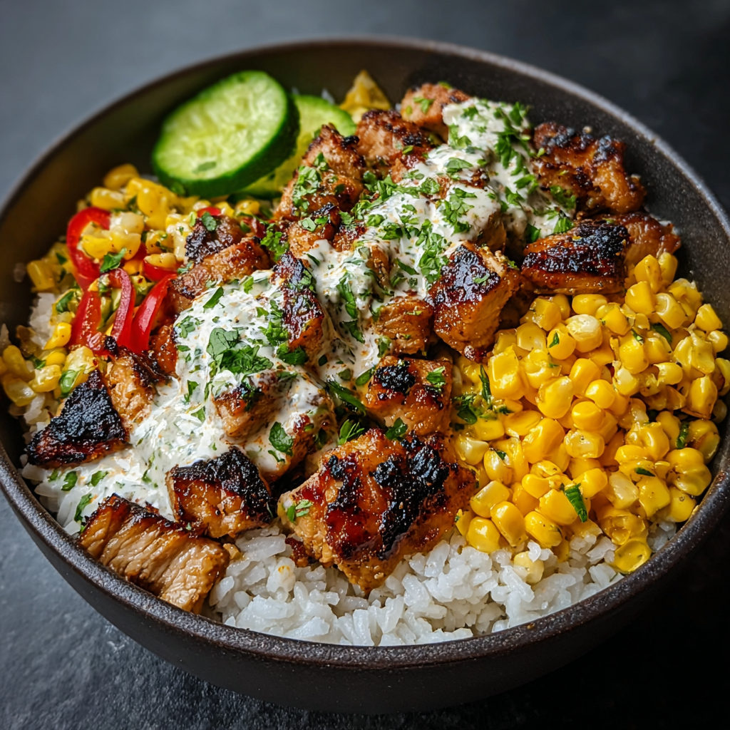 Close up of charred corn and cotija cheese on rice