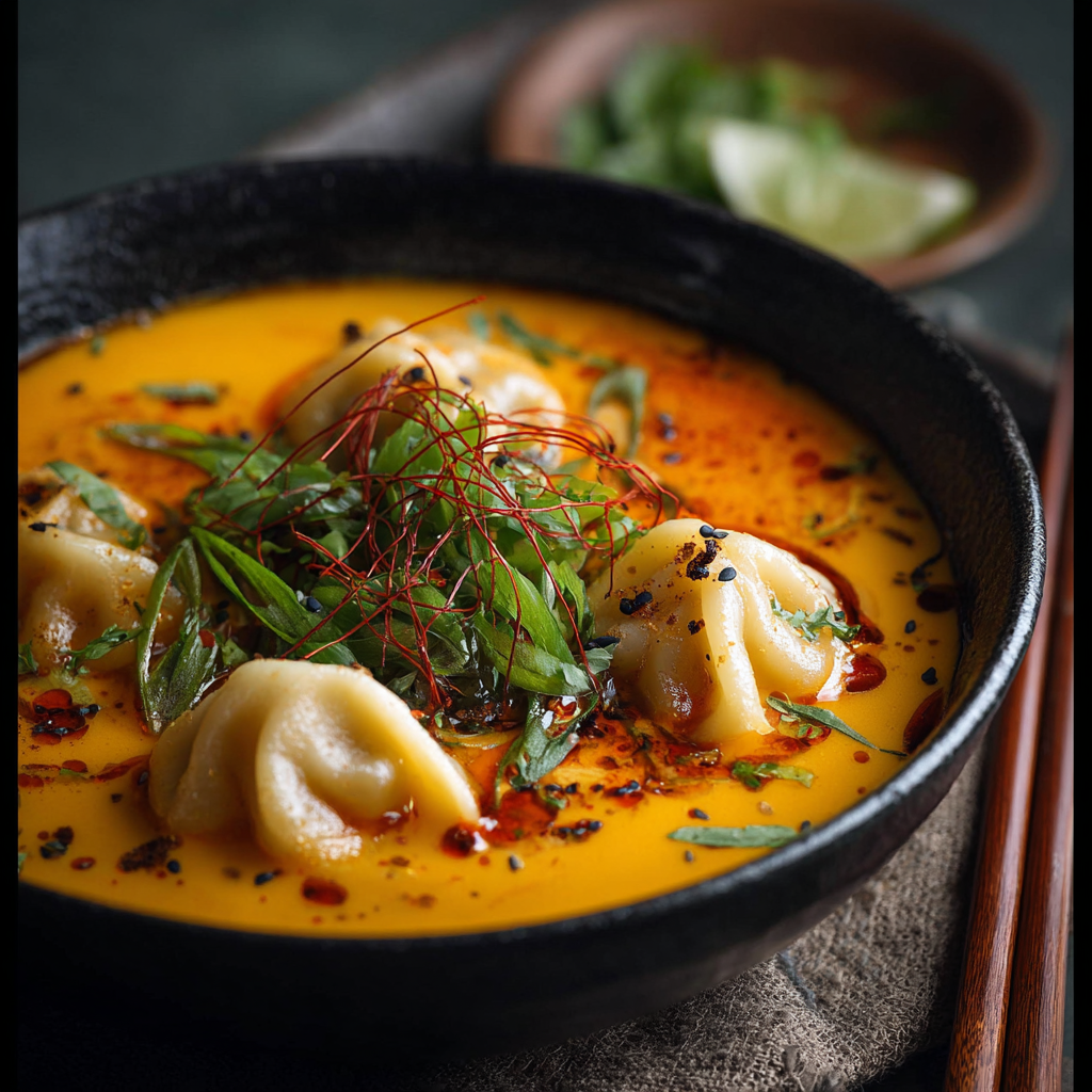 Close up of dumplings in coconut curry broth