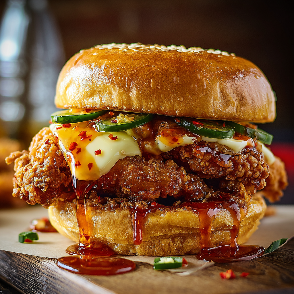 Crispy fried chicken sandwich with jalape1o honey drizzle