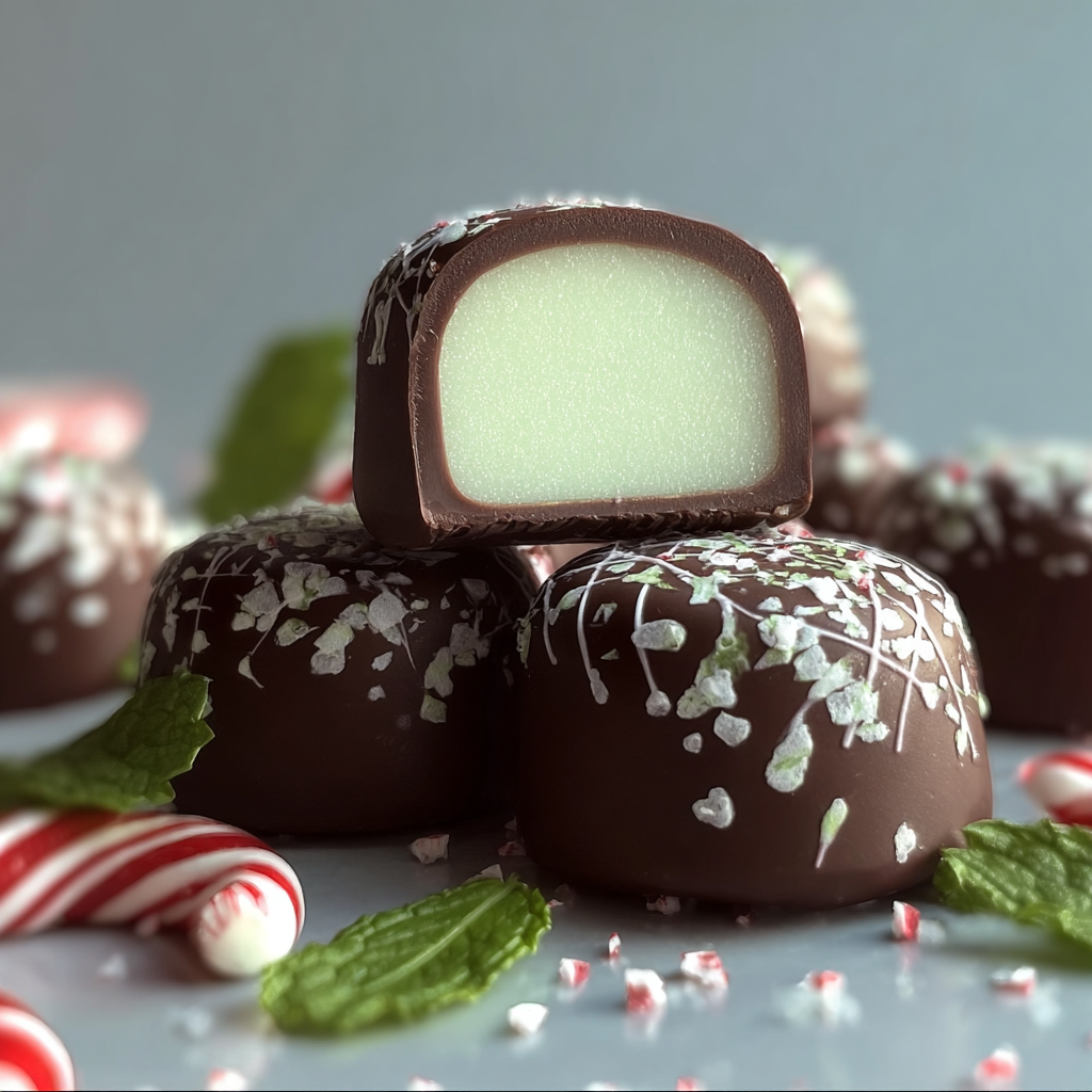 Hand-dipped peppermint patties cooling on parchment