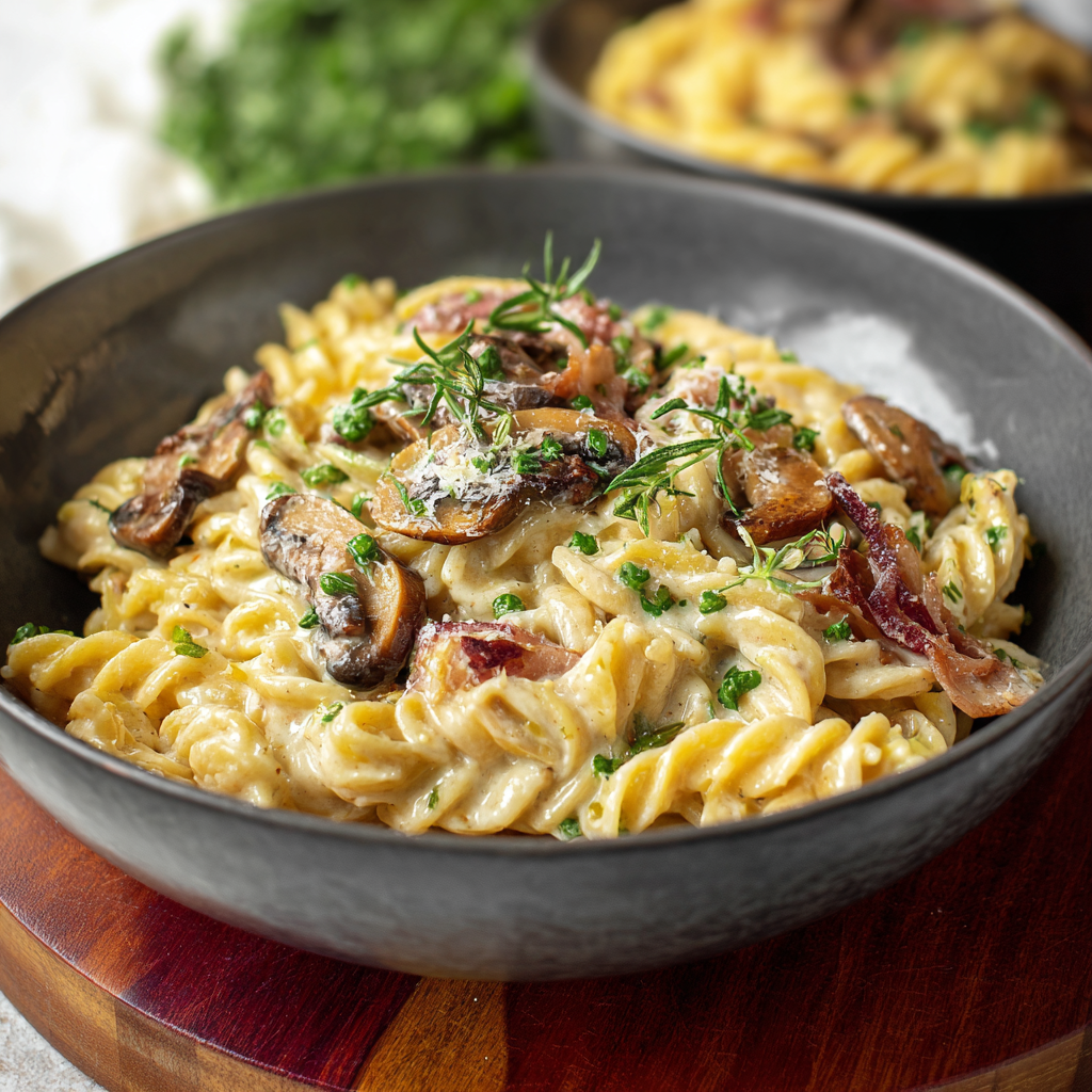 Marsala cream sauce pasta in skillet