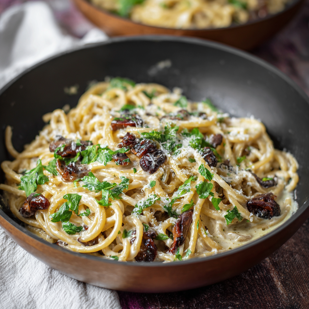 Close-up of creamy Marsala pasta with mushrooms