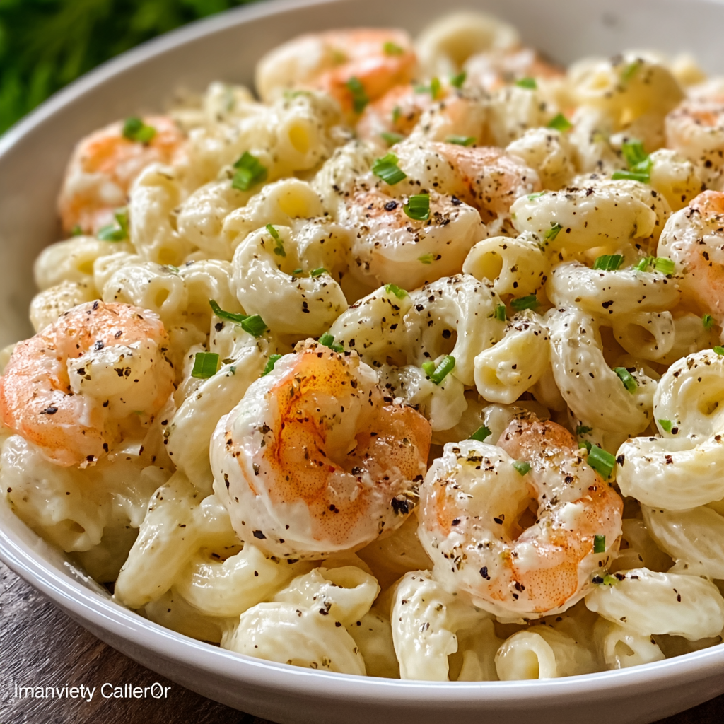 Serving suggestion of shrimp macaroni salad