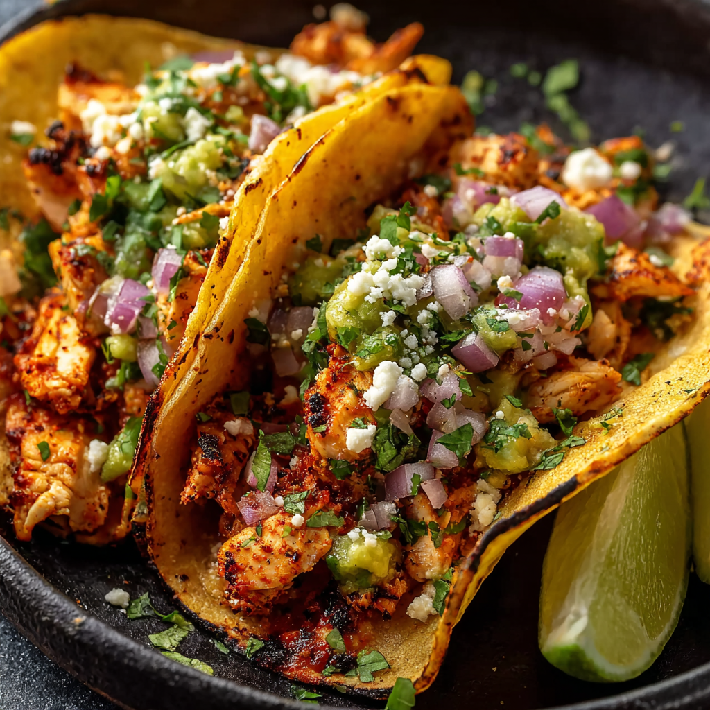 Warm chicken street tacos on corn tortillas
