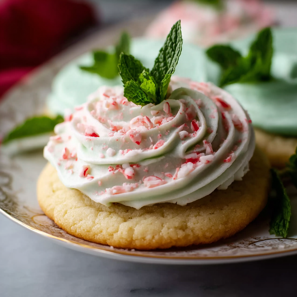Freshly frosted mint sugar cookies with crushed candy cane