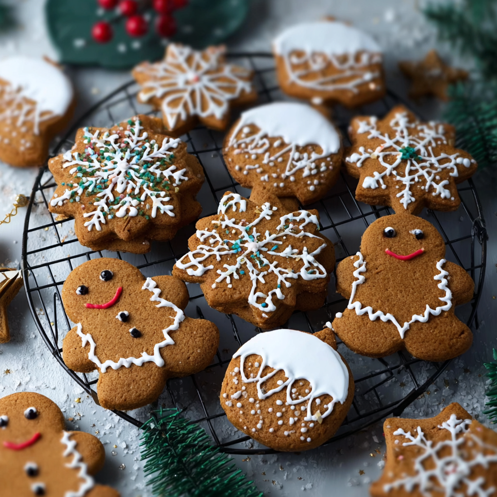 Assorted decorated gingerbread cookies with royal icing