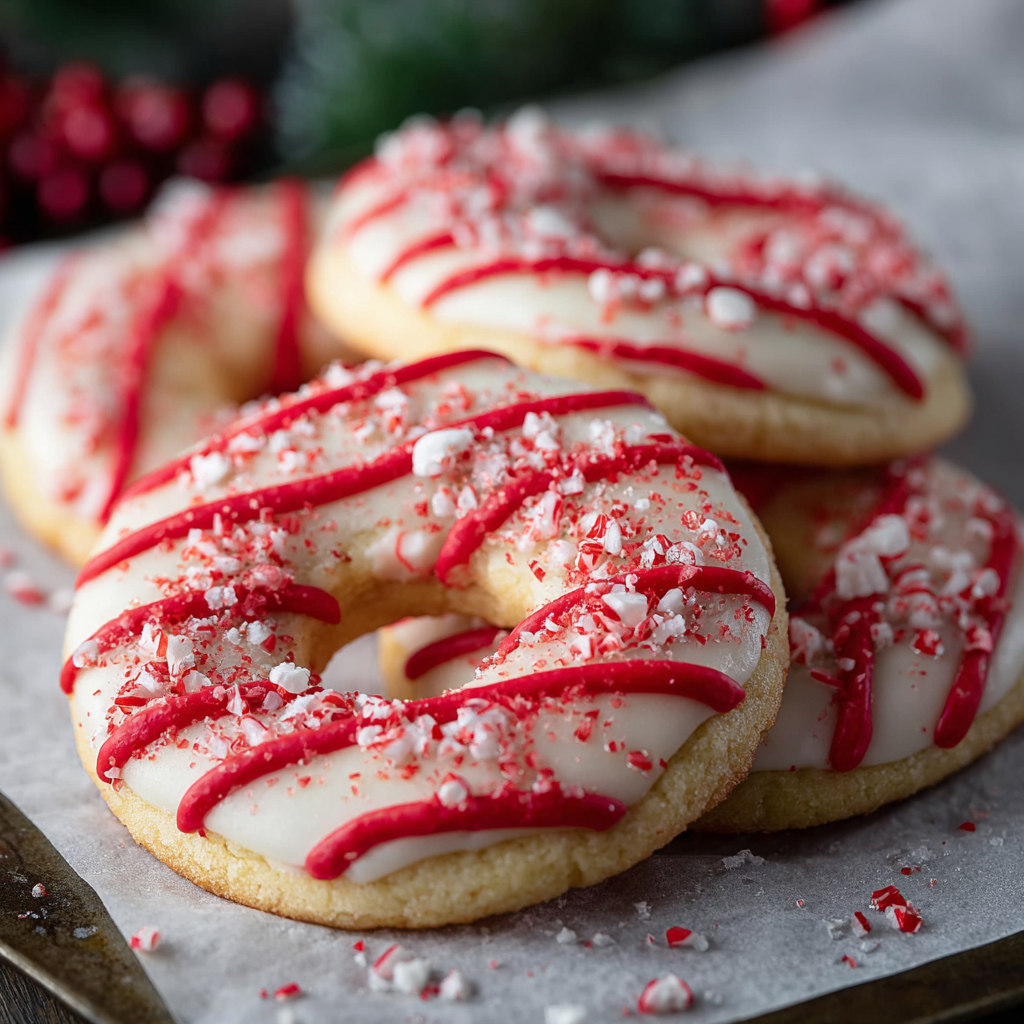 Pretty candy cane cookies on parchment