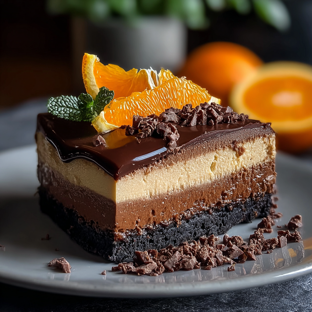 Chocolate and orange cheesecake on a serving plate