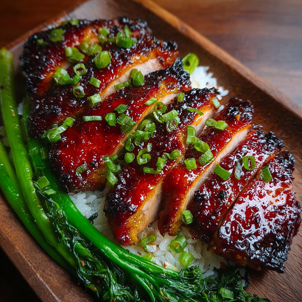 Marinated pieces of Char Siu chicken in a skillet