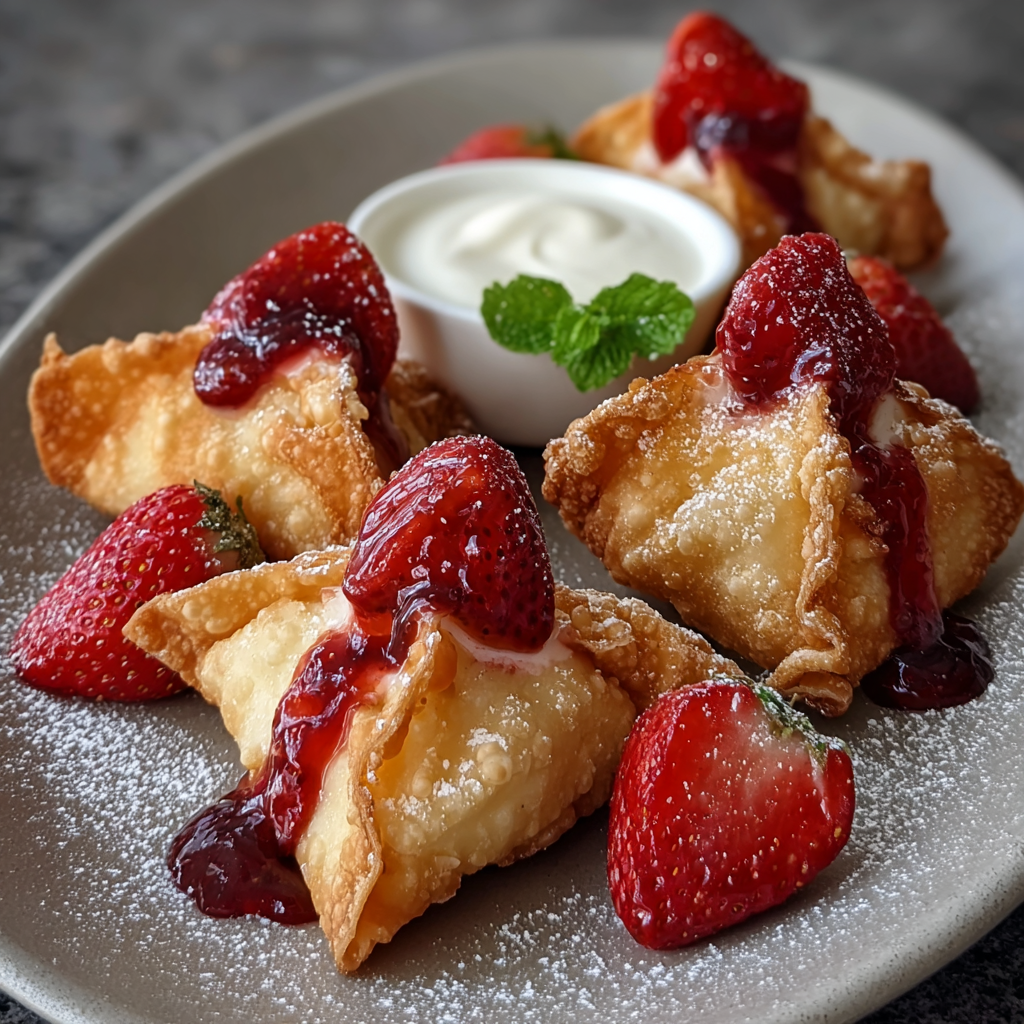 Crisp fried strawberry cheesecake wonton pieces on a plate