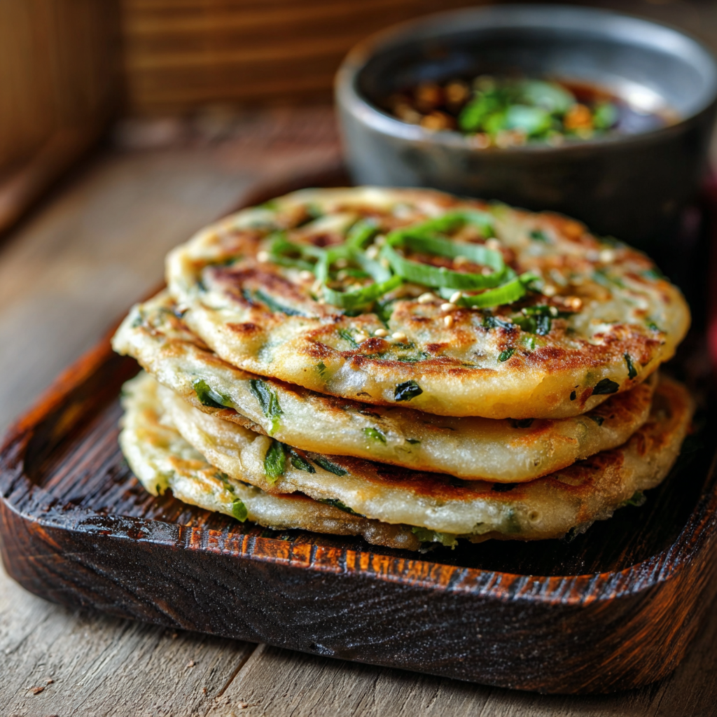 Two scallion pancakes on a wooden board