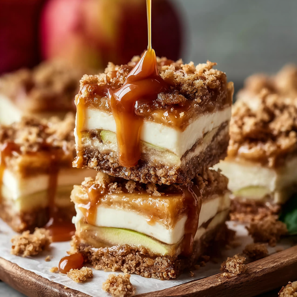 Sliced caramel apple cheesecake bars on a wooden board