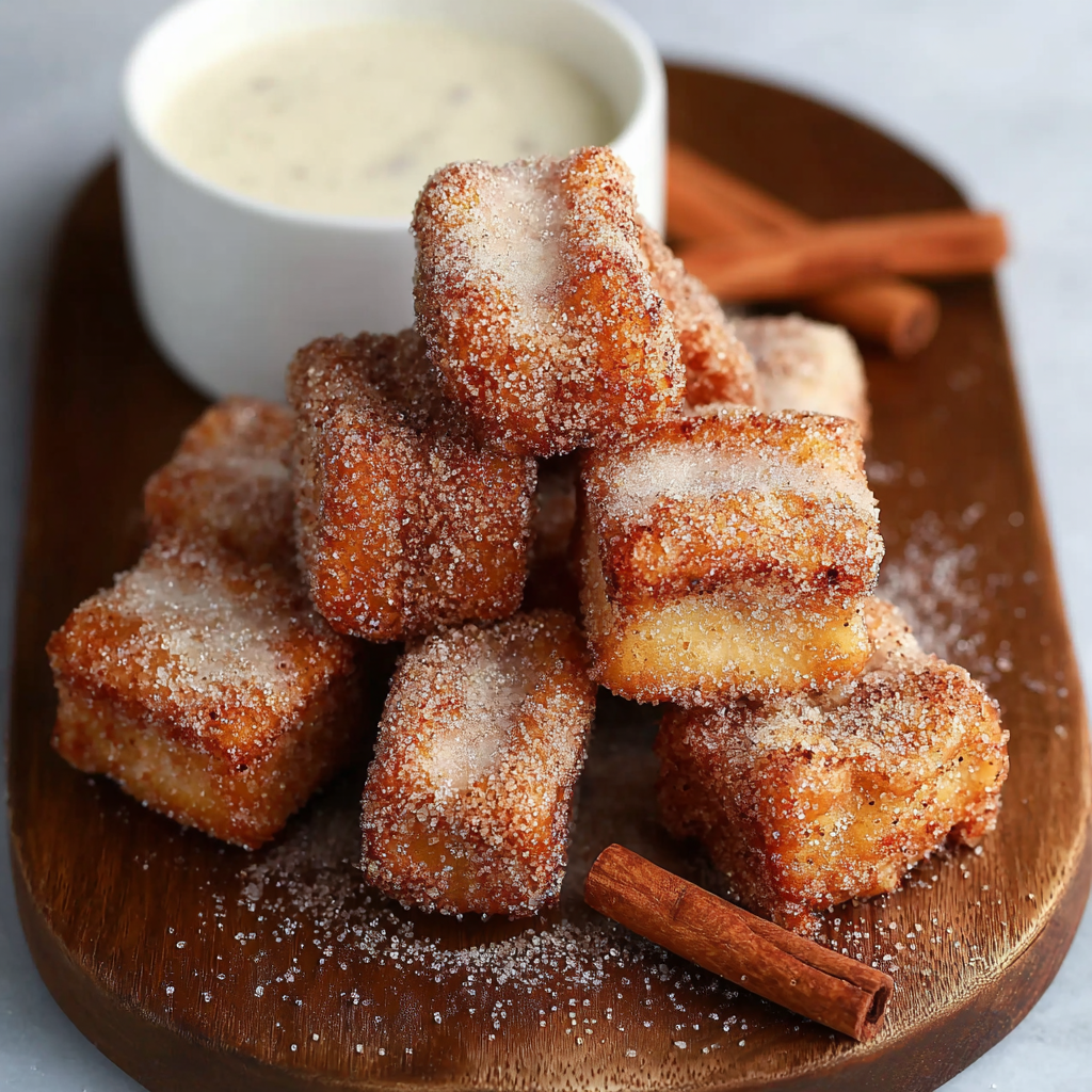 Plated churro bites dusted with cinnamon sugar and a small bowl of drizzle