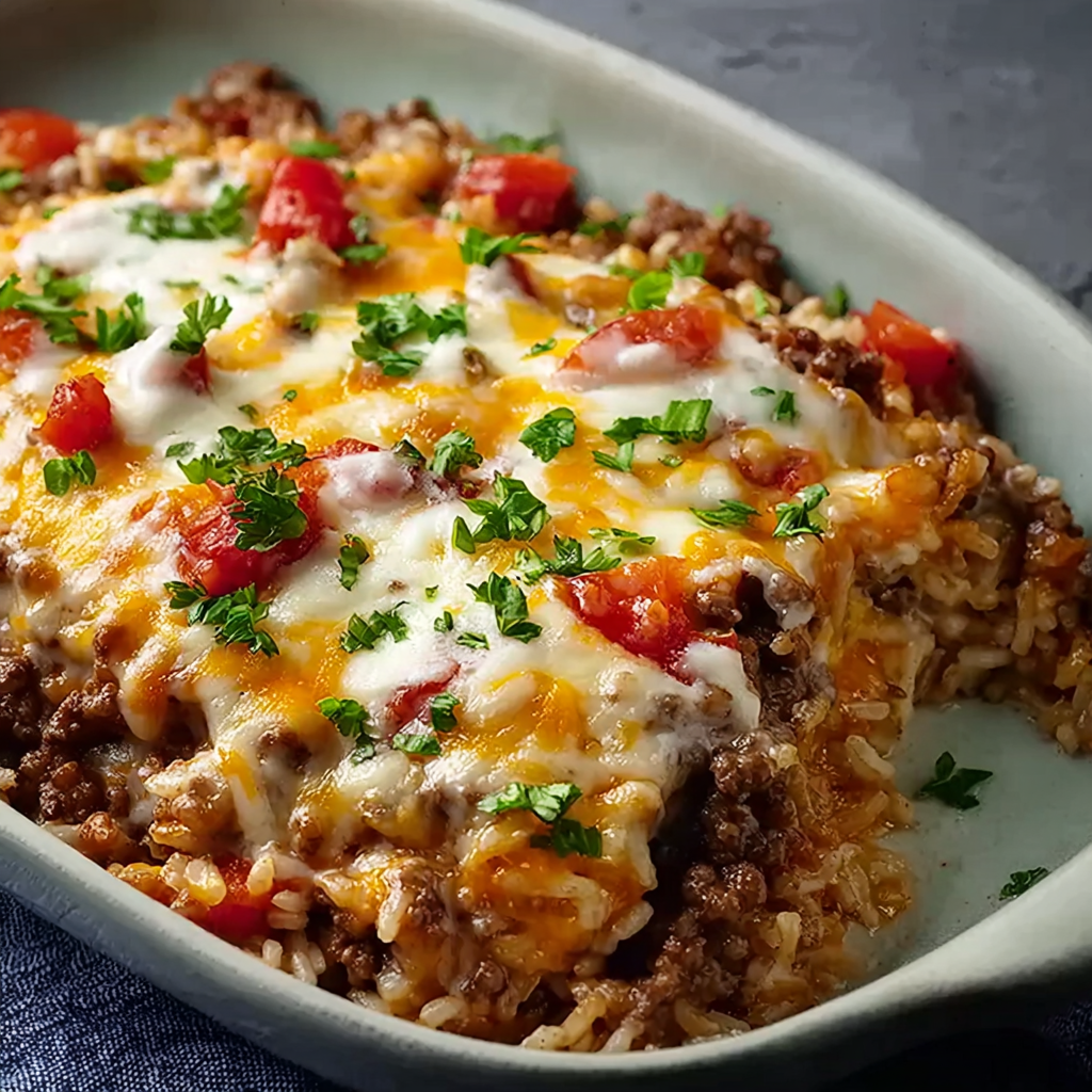 Skillet of hamburger rice casserole before broiling, with bubbling cheese