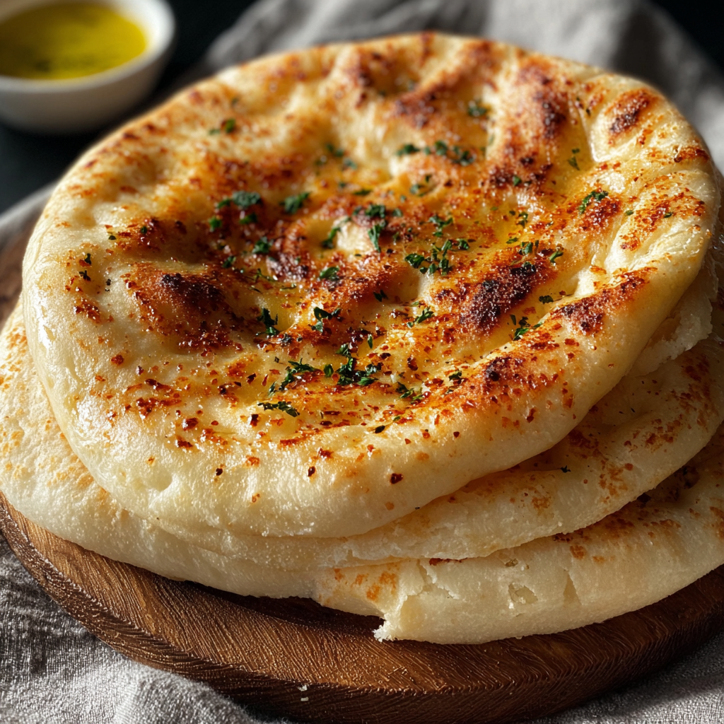 Turkish flatbread cooking in a skillet, bubbling and puffing