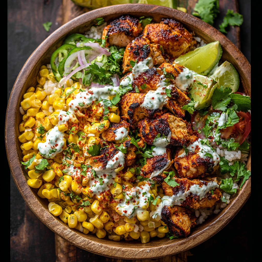 Close-up of corn and chicken in a bowl with cilantro garnish