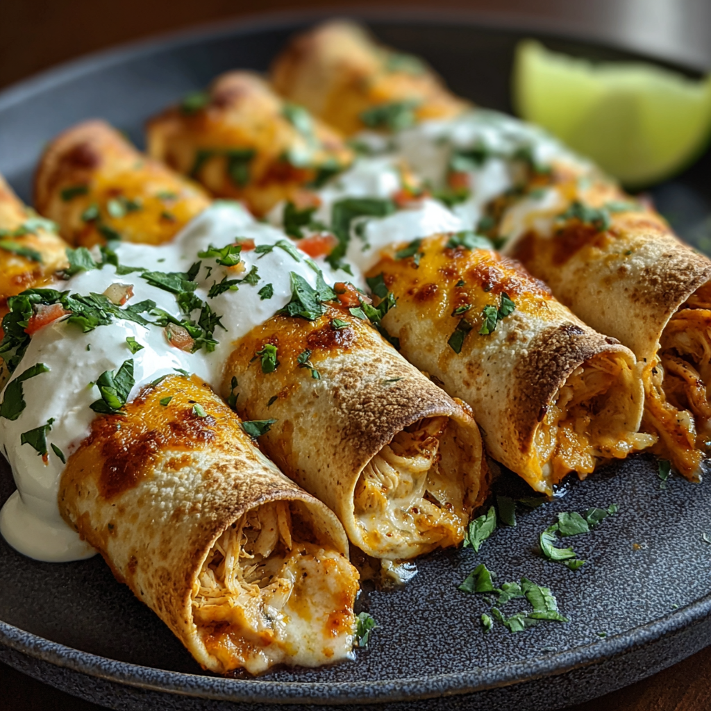 Baked crispy chicken taquitos on a baking sheet