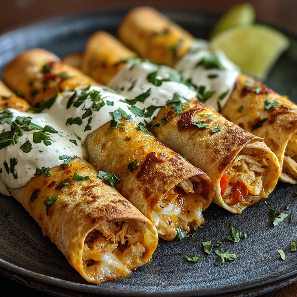 Taquitos plated with guacamole and sour cream