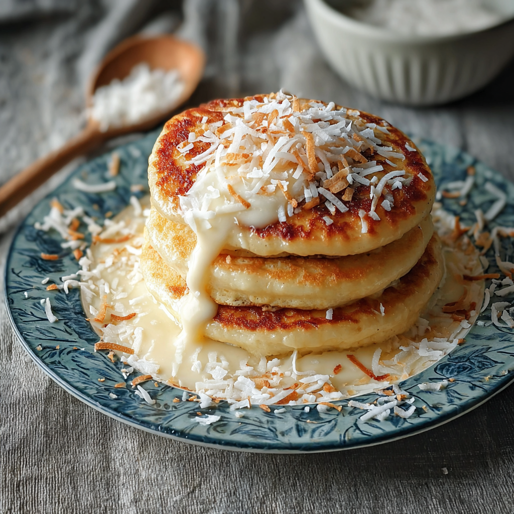 Group of coconut cream pancakes on a plate