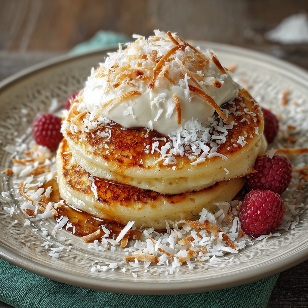 Close-up of a stack of pancakes with toasted coconut