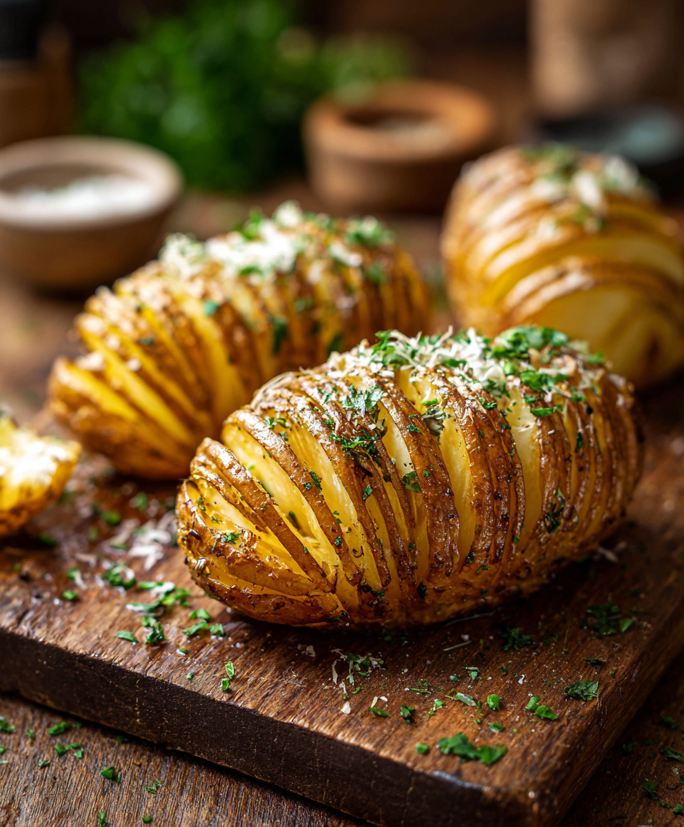 sliced hasselback potato on board