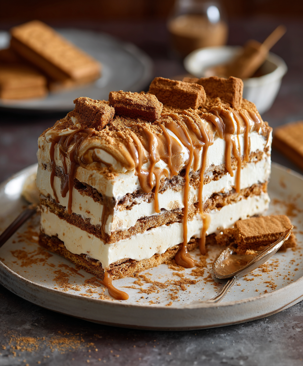 Biscoff Icebox Cake loaf in a loaf pan, sliced