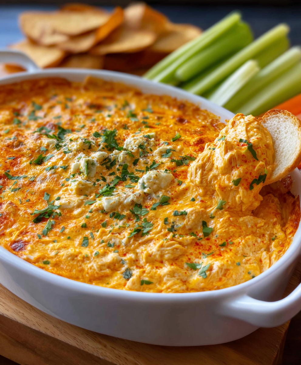 Scooping warm buffalo chicken dip with a chip