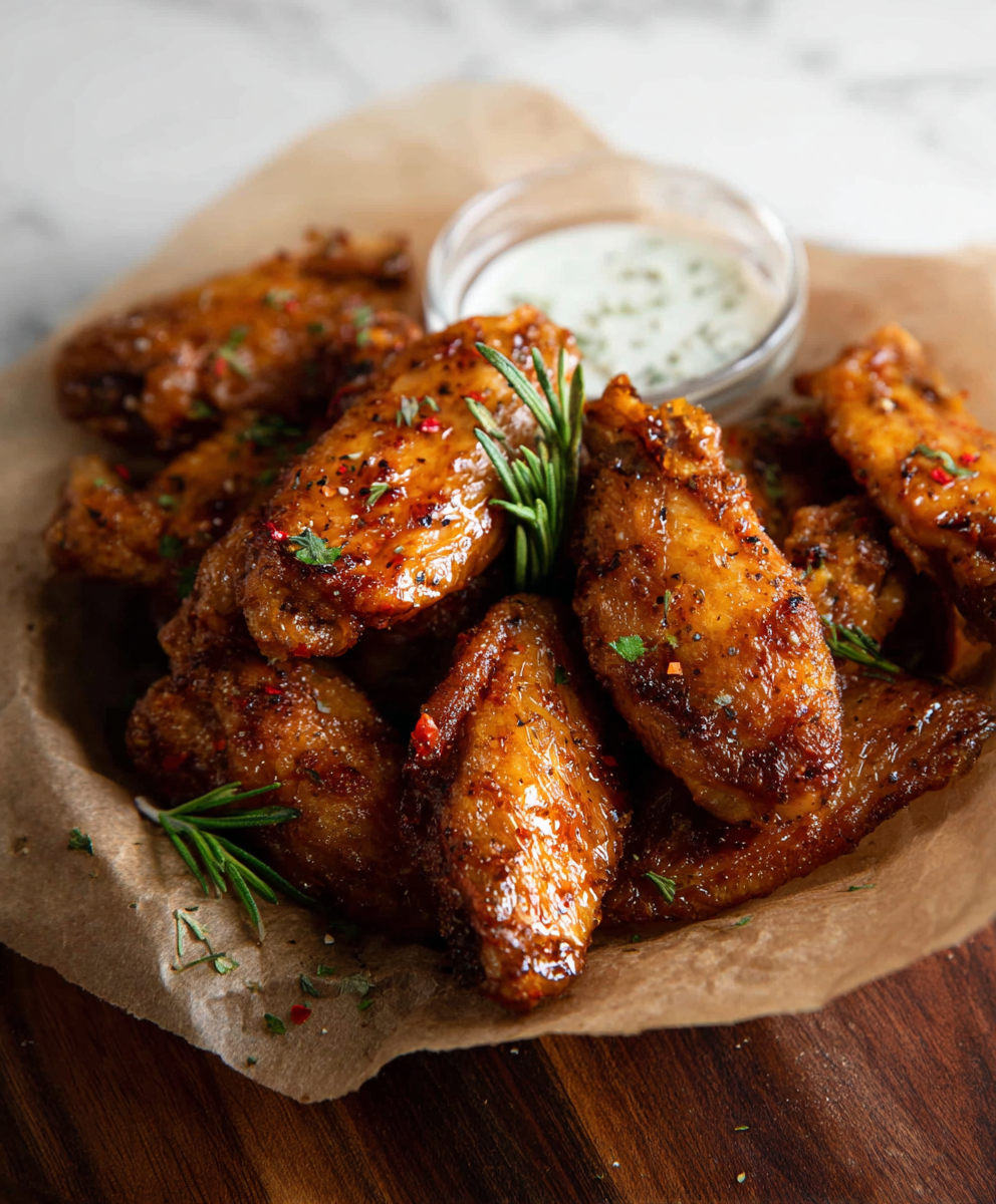 Crispy baked chicken wings on a parchment-lined sheet