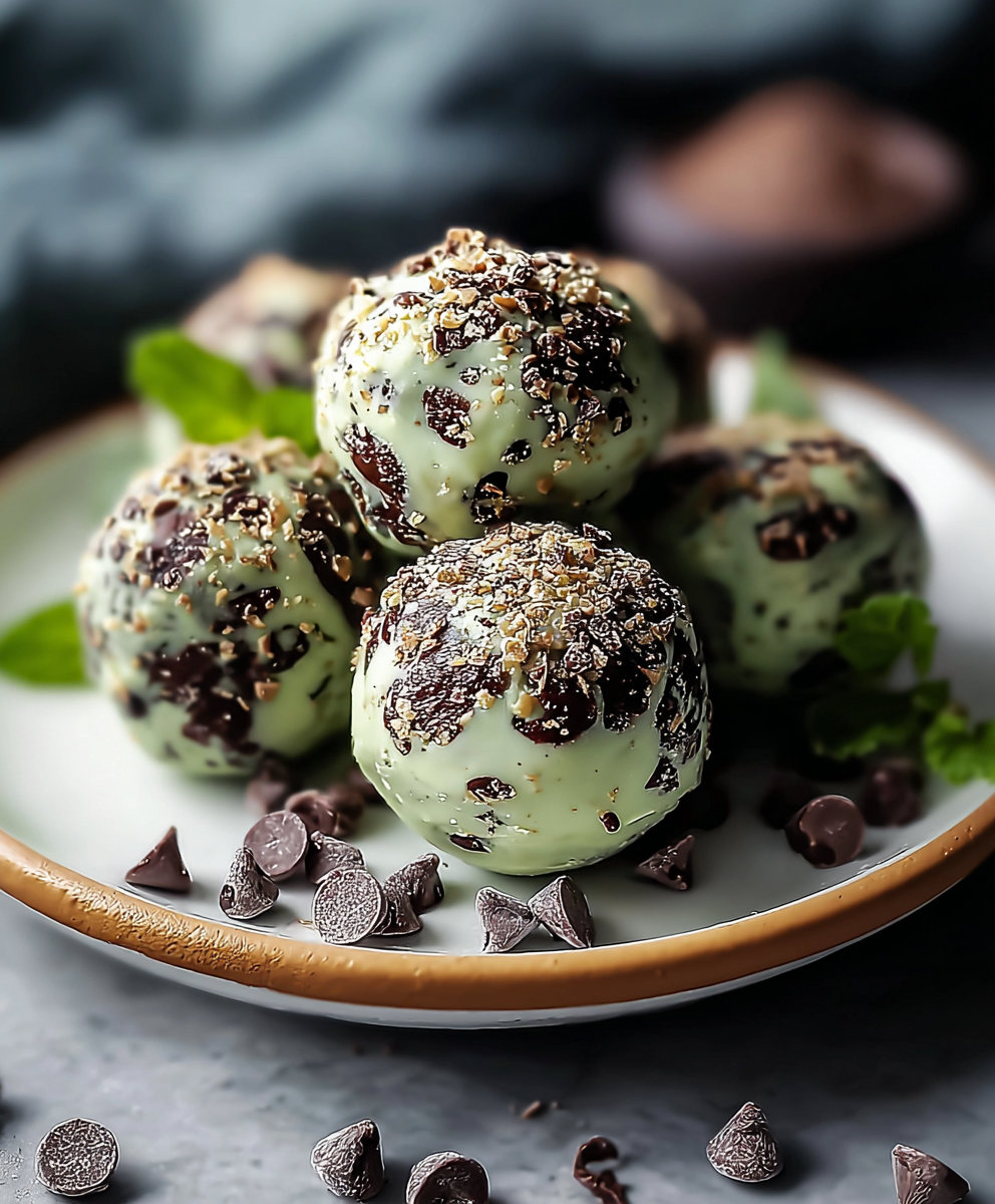 Mint chocolate chip protein balls on parchment