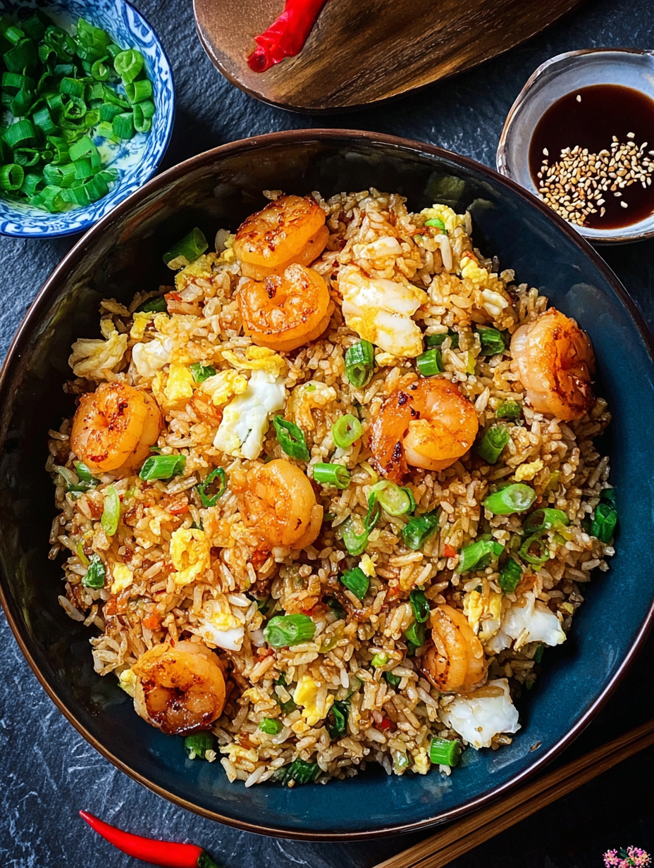 Plated Bang Bang Fried Rice with green onions