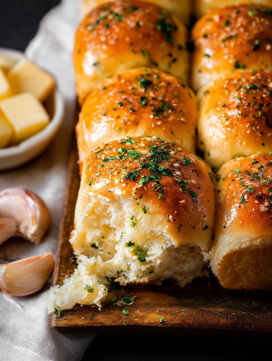Close-up of garlic butter being brushed on bread rolls