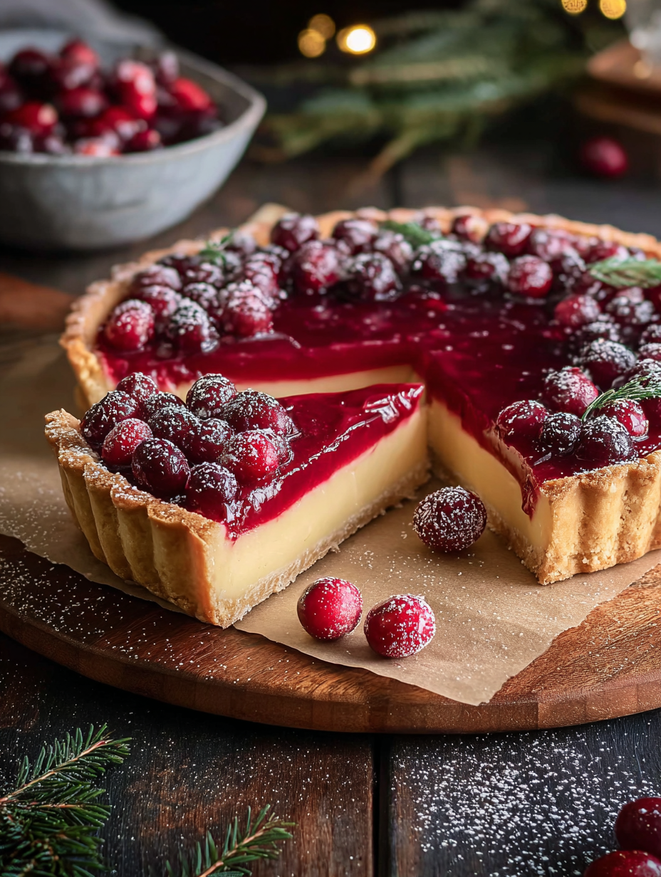 Finished cranberry curd tart on a wooden board