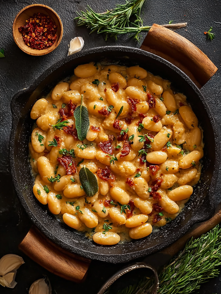 Creamy Tuscan butter beans in skillet with basil