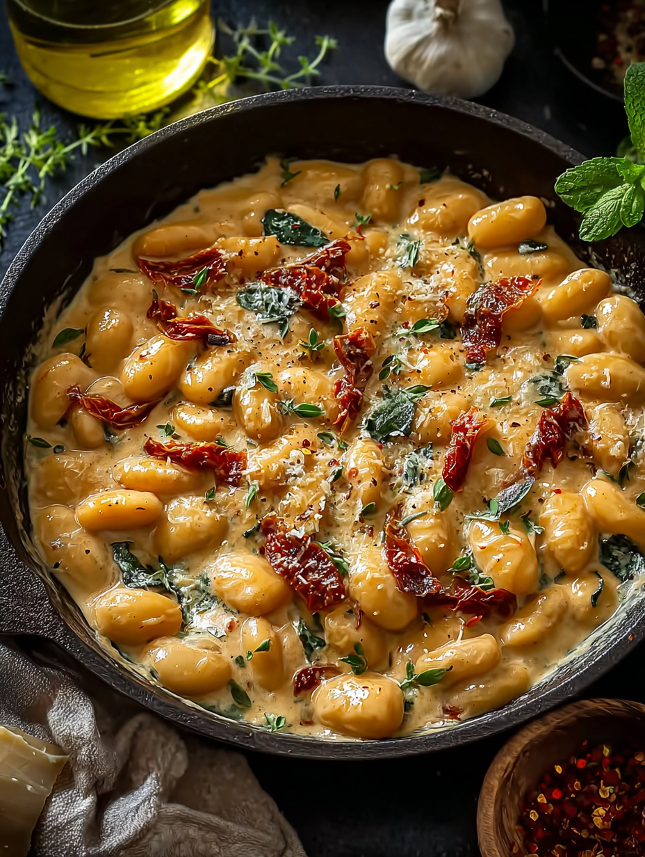 Plated Tuscan butter beans with basil garnish
