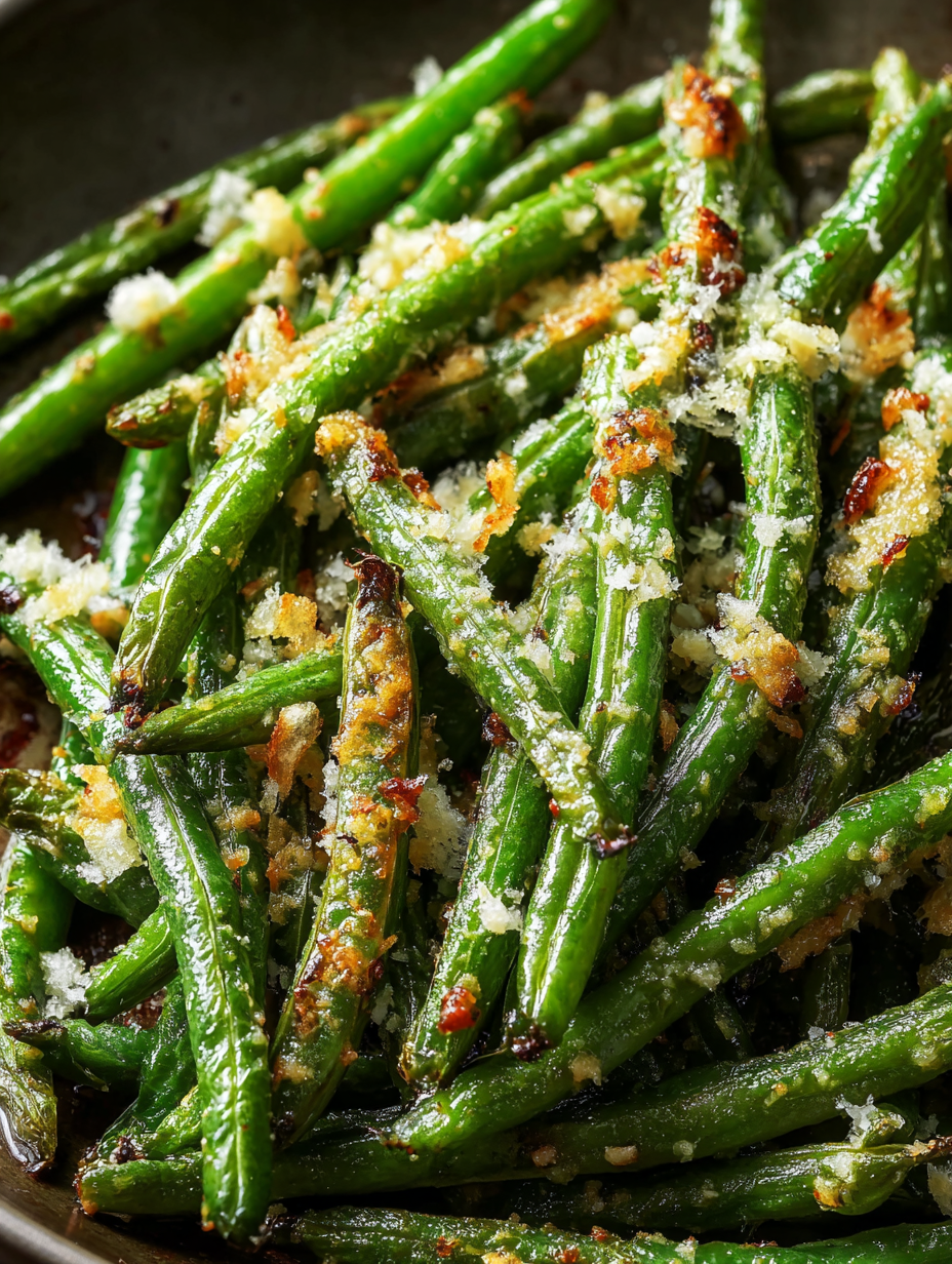Roasted green beans on a baking sheet with garlic and Parmesan